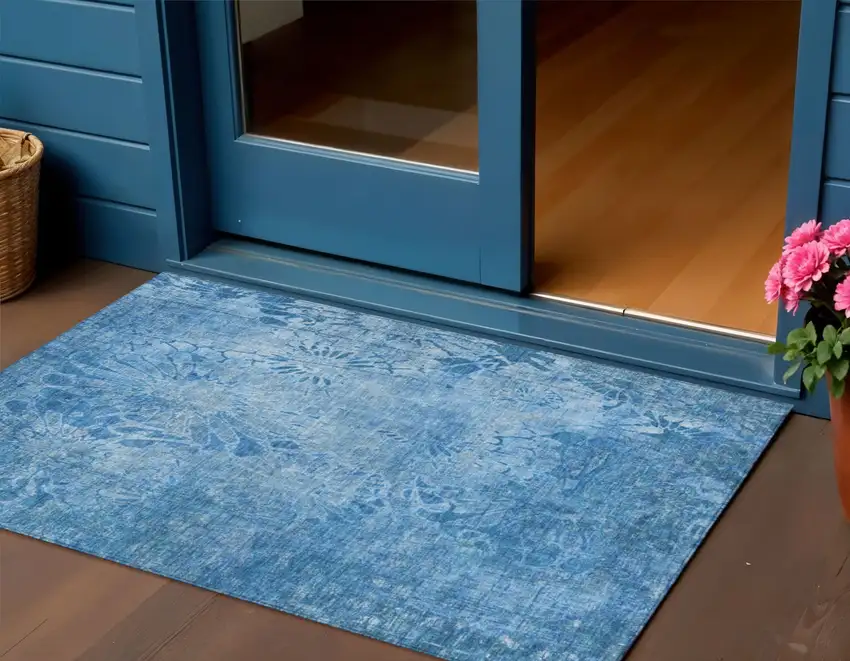 Denim Blue And Sky Blue Floral Washable Indoor Outdoor Area Rug Photo 1