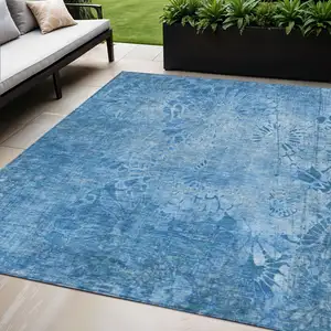 Photo of Denim Blue And Sky Blue Floral Washable Indoor Outdoor Area Rug