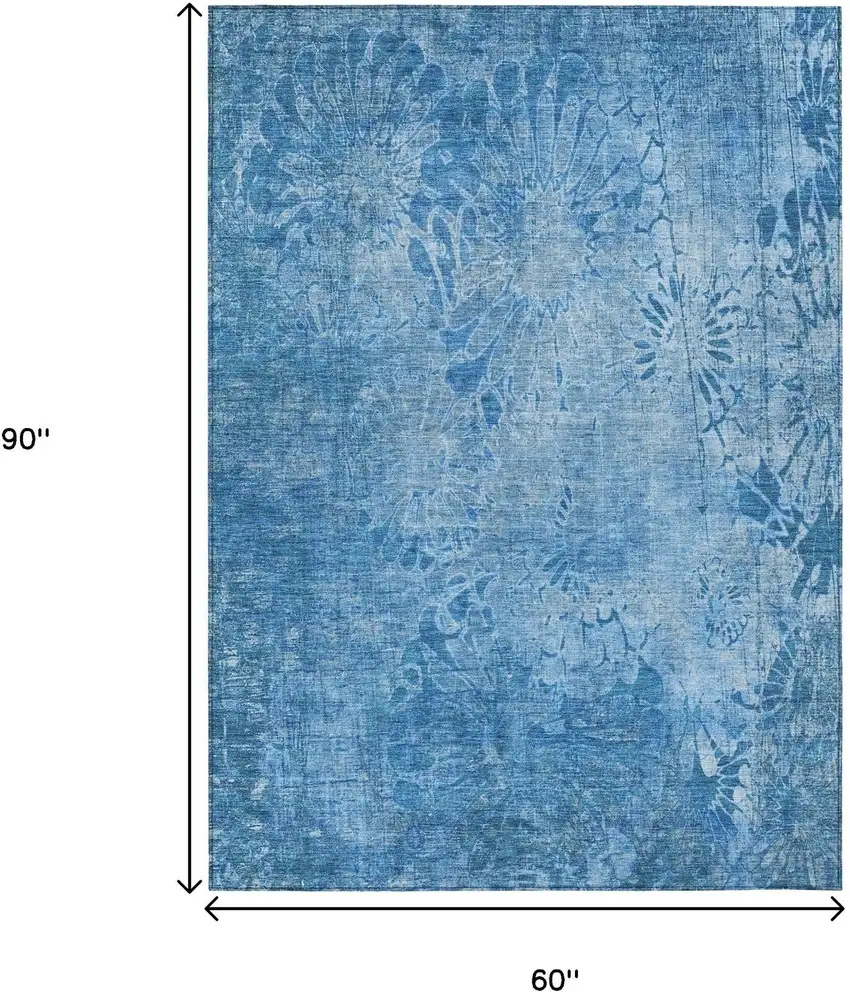 Denim Blue And Sky Blue Floral Washable Indoor Outdoor Area Rug Photo 3