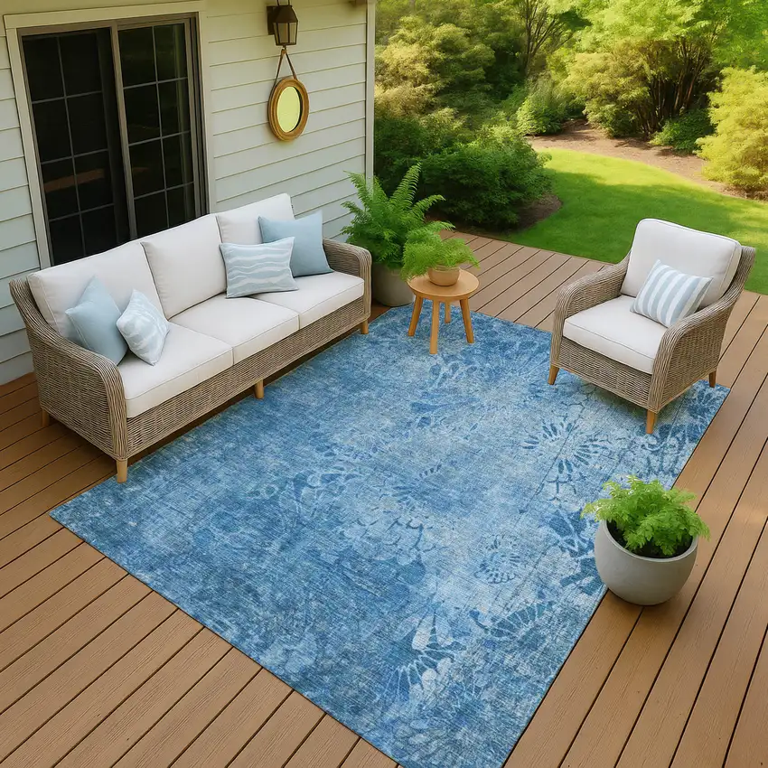 Denim Blue And Sky Blue Floral Washable Indoor Outdoor Area Rug Photo 6