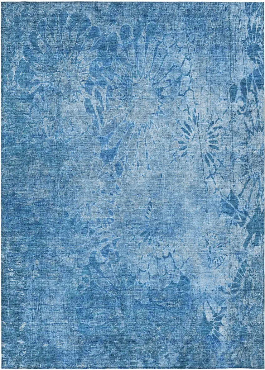 Denim Blue And Sky Blue Floral Washable Indoor Outdoor Area Rug Photo 2