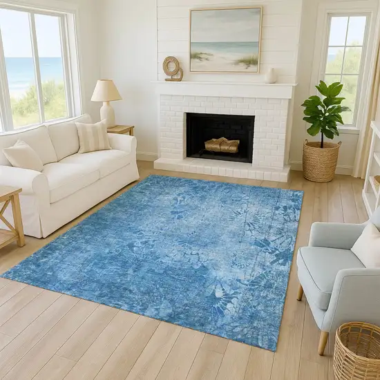 Denim Blue And Sky Blue Floral Washable Indoor Outdoor Area Rug Photo 7