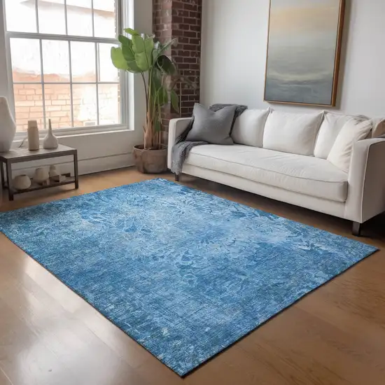 Denim Blue And Sky Blue Floral Washable Indoor Outdoor Area Rug Photo 8