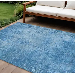 Photo of Denim Blue And Sky Blue Floral Washable Indoor Outdoor Area Rug