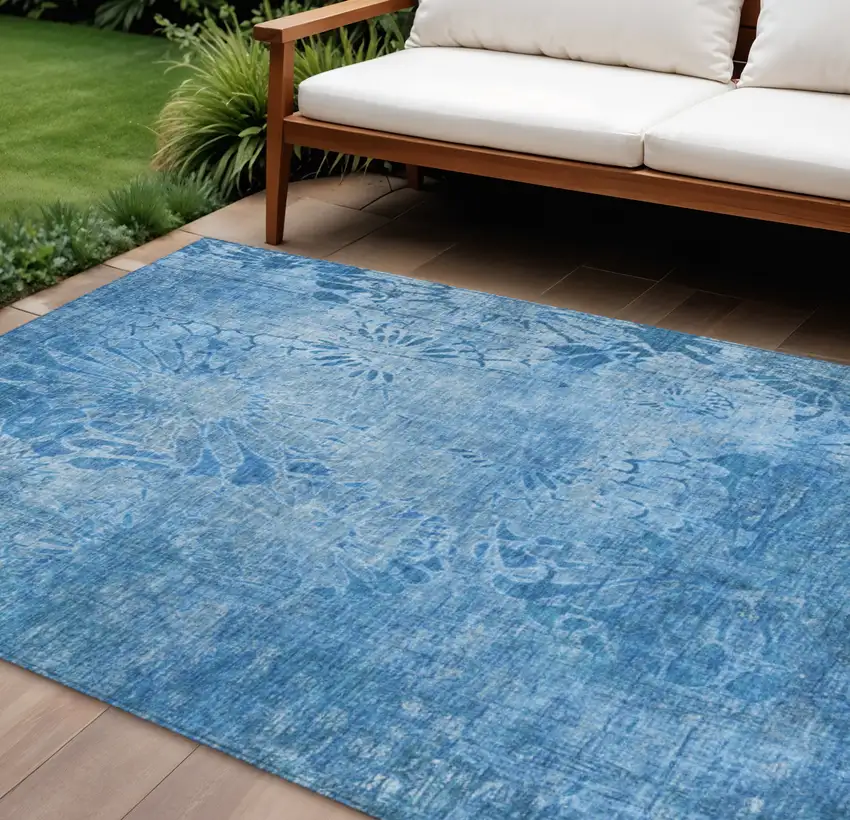 Denim Blue And Sky Blue Floral Washable Indoor Outdoor Area Rug Photo 1