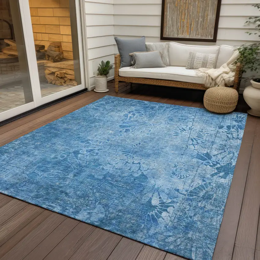 Denim Blue And Sky Blue Floral Washable Indoor Outdoor Area Rug Photo 9