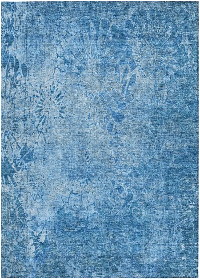 Denim Blue And Sky Blue Floral Washable Indoor Outdoor Area Rug Photo 4