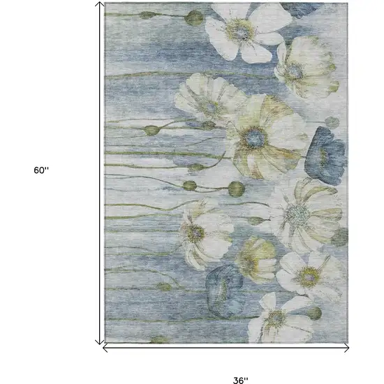 Denim Blue And Sky Blue Floral Washable Indoor Outdoor Area Rug Photo 3