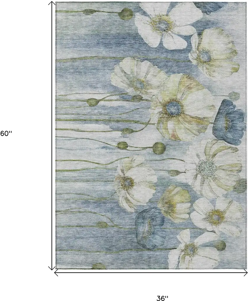 Denim Blue And Sky Blue Floral Washable Indoor Outdoor Area Rug Photo 3
