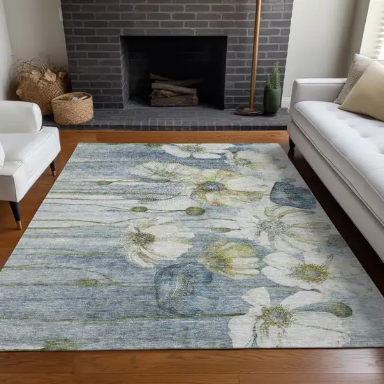 Denim Blue And Sky Blue Floral Washable Indoor Outdoor Area Rug Photo 9