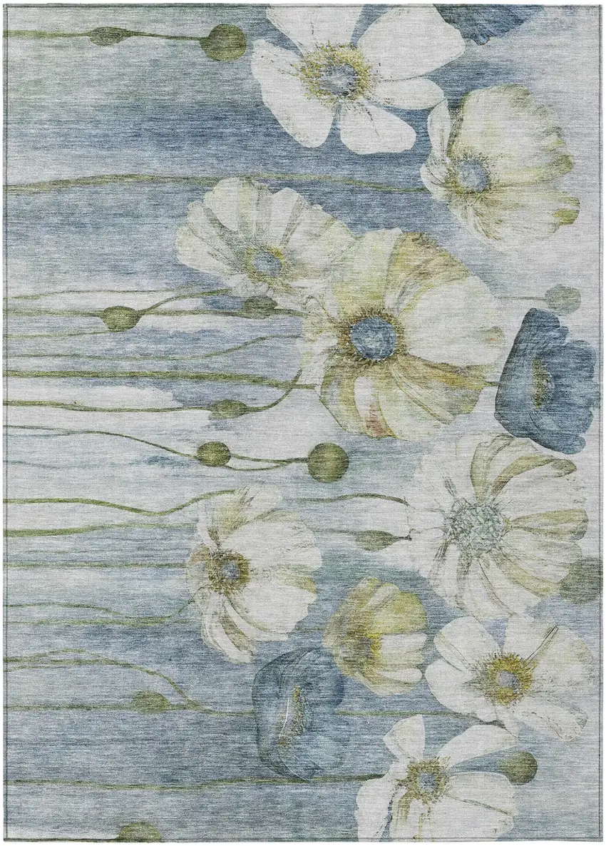 Denim Blue And Sky Blue Floral Washable Indoor Outdoor Area Rug Photo 1
