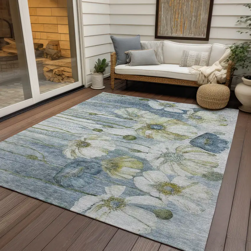Denim Blue And Sky Blue Floral Washable Indoor Outdoor Area Rug Photo 8