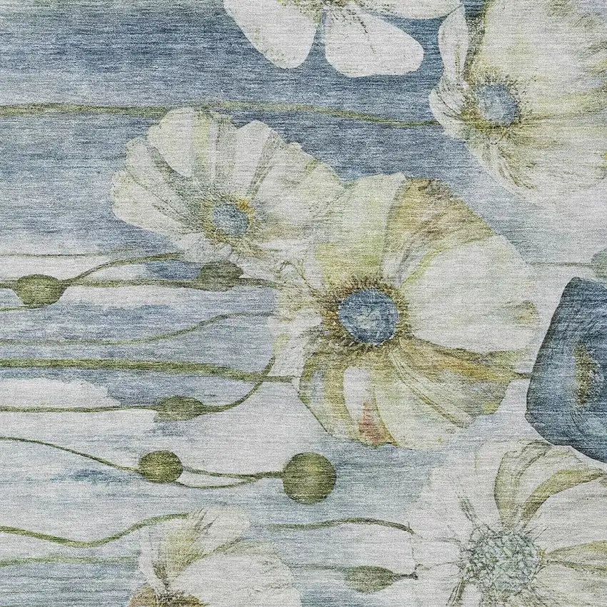 Denim Blue And Sky Blue Floral Washable Indoor Outdoor Area Rug Photo 4