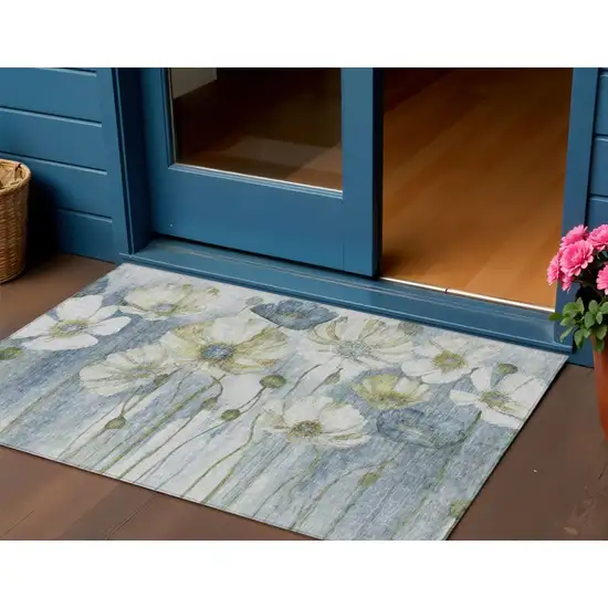 Denim Blue And Sky Blue Floral Washable Indoor Outdoor Area Rug Photo 1
