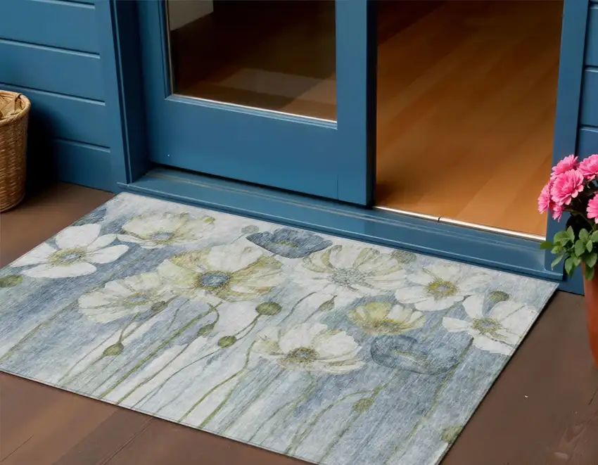 Denim Blue And Sky Blue Floral Washable Indoor Outdoor Area Rug Photo 1