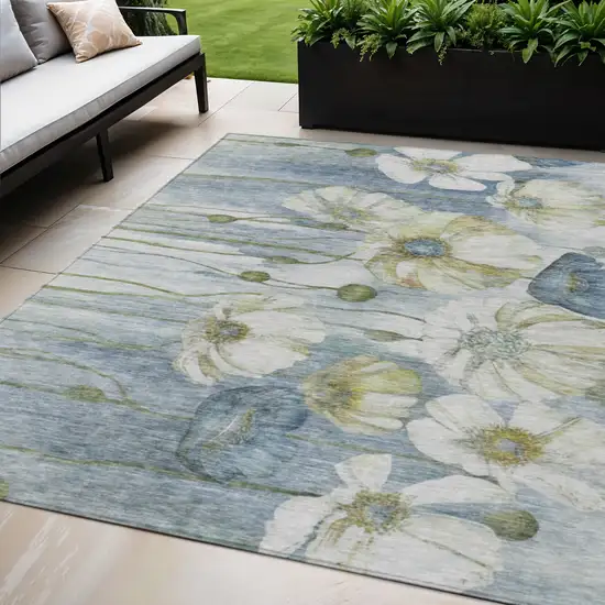 Denim Blue And Sky Blue Floral Washable Indoor Outdoor Area Rug Photo 1