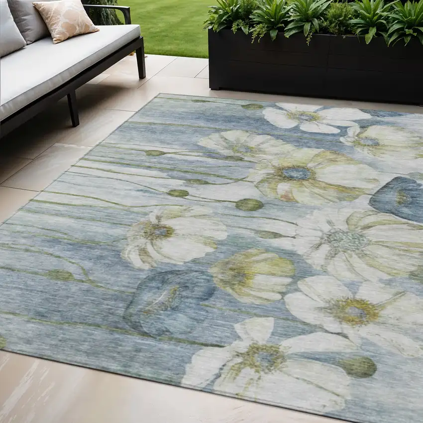 Denim Blue And Sky Blue Floral Washable Indoor Outdoor Area Rug Photo 1