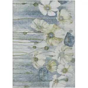 Photo of Denim Blue And Sky Blue Floral Washable Indoor Outdoor Area Rug