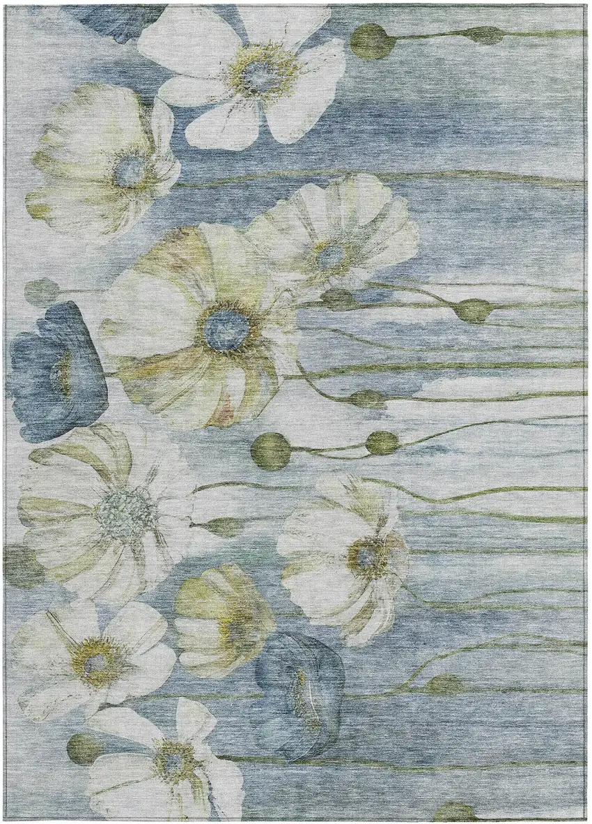 Denim Blue And Sky Blue Floral Washable Indoor Outdoor Area Rug Photo 6