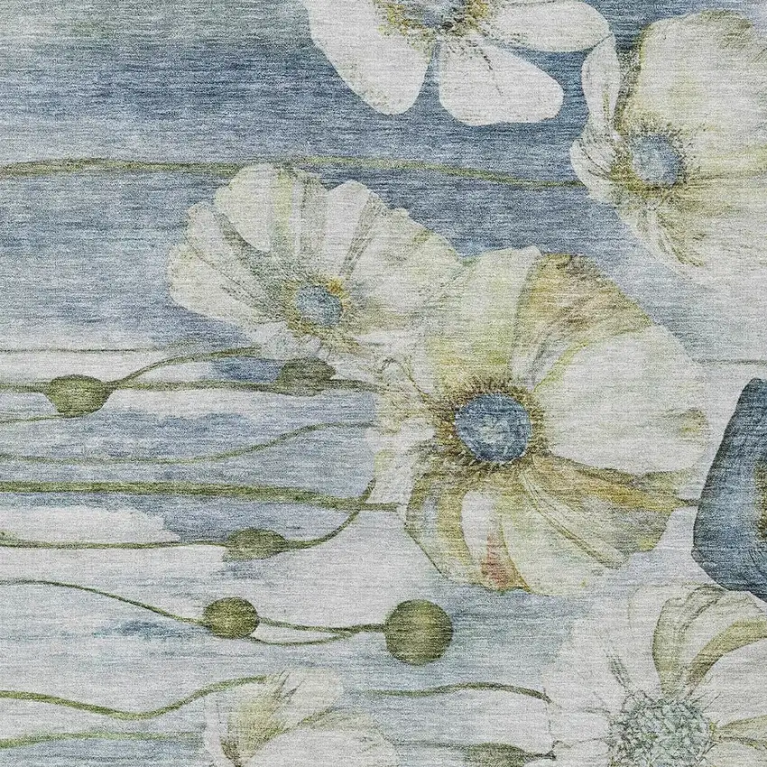 Denim Blue And Sky Blue Floral Washable Indoor Outdoor Area Rug Photo 4