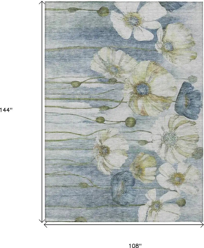 Denim Blue And Sky Blue Floral Washable Indoor Outdoor Area Rug Photo 3