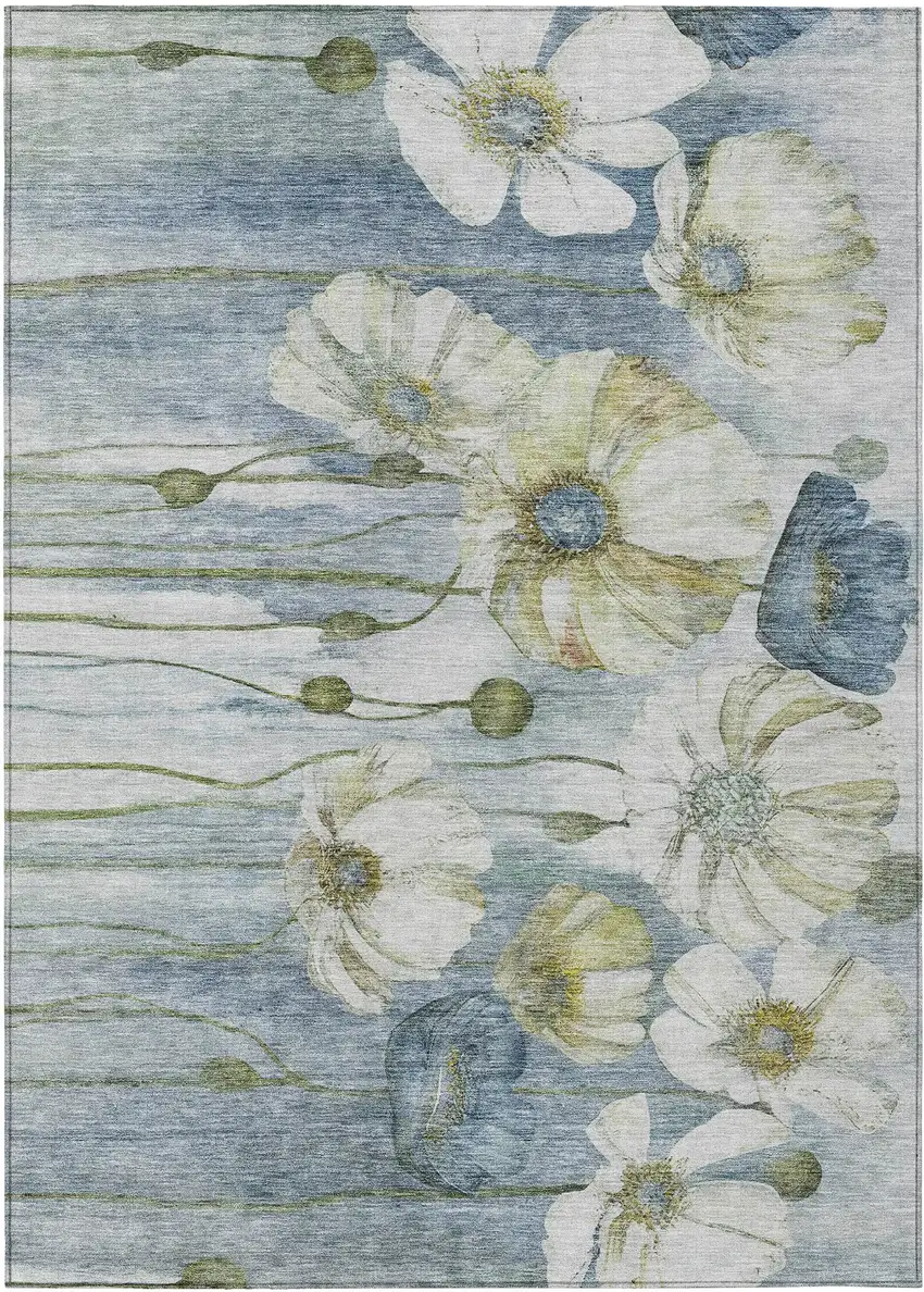 Denim Blue And Sky Blue Floral Washable Indoor Outdoor Area Rug Photo 1