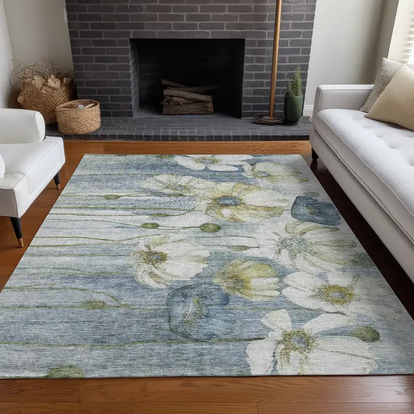 Denim Blue And Sky Blue Floral Washable Indoor Outdoor Area Rug Photo 7