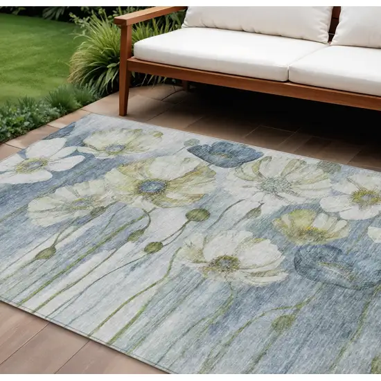 Denim Blue And Sky Blue Floral Washable Indoor Outdoor Area Rug Photo 1