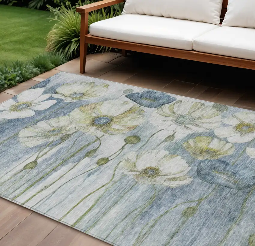 Denim Blue And Sky Blue Floral Washable Indoor Outdoor Area Rug Photo 1