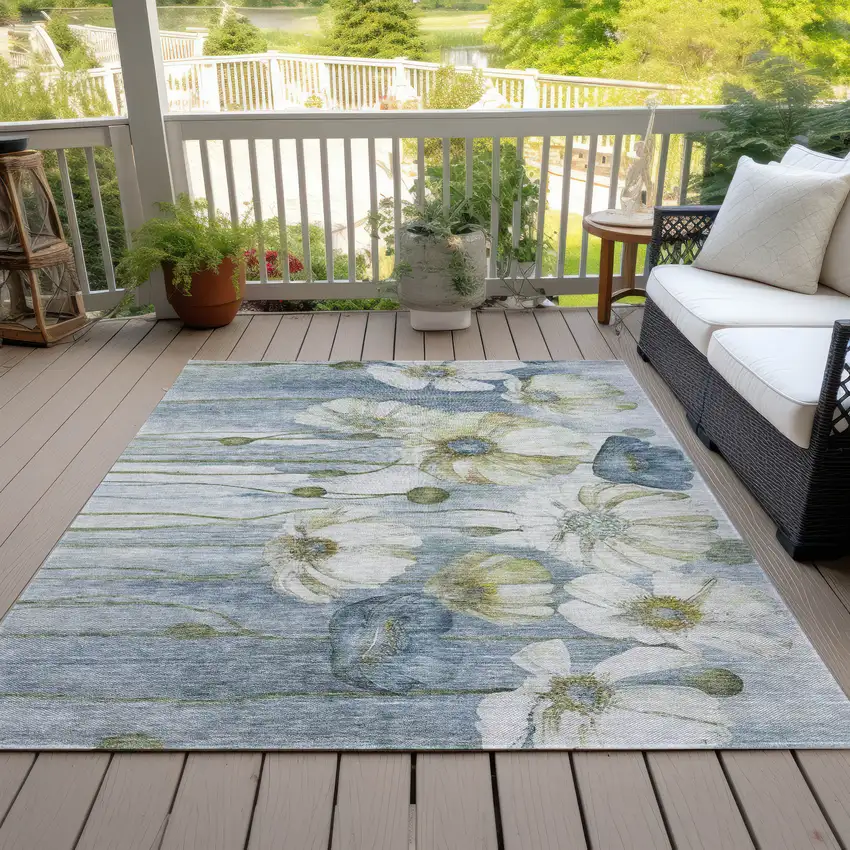 Denim Blue And Sky Blue Floral Washable Indoor Outdoor Area Rug Photo 9