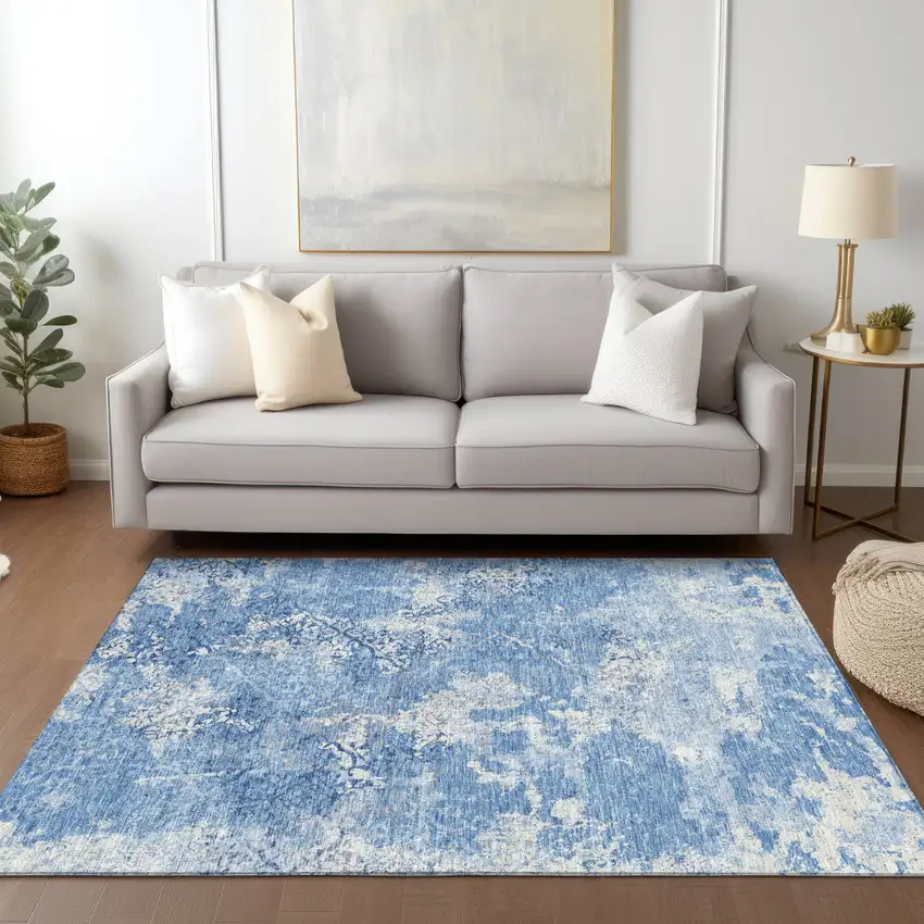 Denim Blue And Sky Blue Floral Washable Indoor Outdoor Area Rug Photo 9