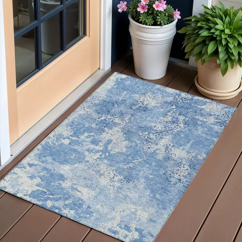 Denim Blue And Sky Blue Floral Washable Indoor Outdoor Area Rug Photo 1