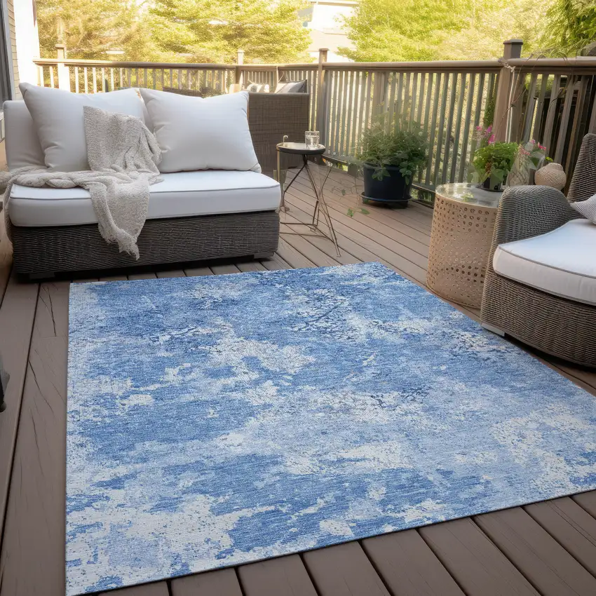 Denim Blue And Sky Blue Floral Washable Indoor Outdoor Area Rug Photo 9