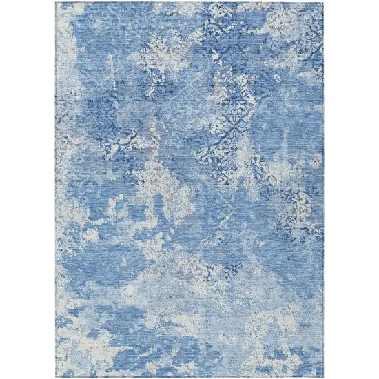 Denim Blue And Sky Blue Floral Washable Indoor Outdoor Area Rug Photo 2
