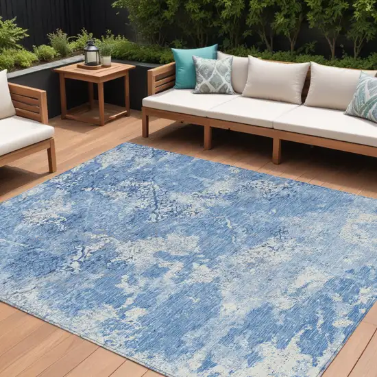 Denim Blue And Sky Blue Floral Washable Indoor Outdoor Area Rug Photo 1