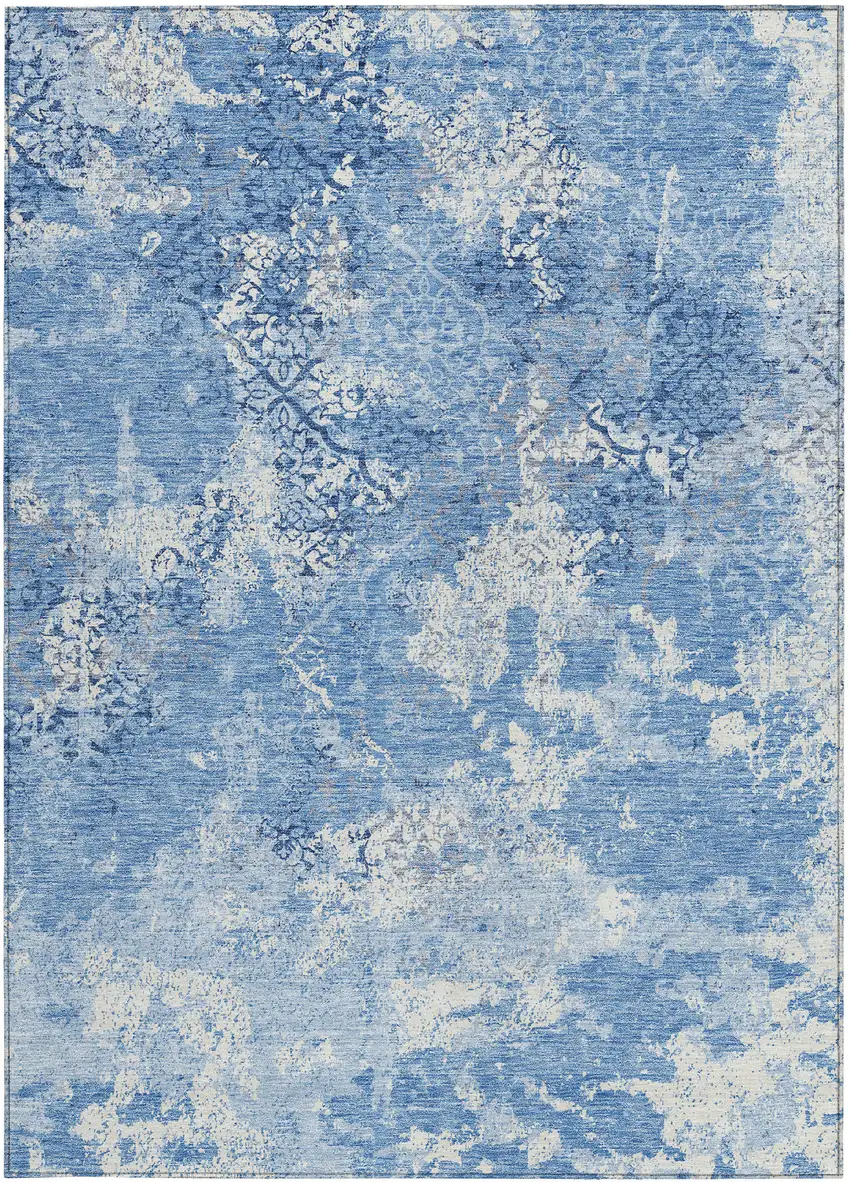 Denim Blue And Sky Blue Floral Washable Indoor Outdoor Area Rug Photo 5