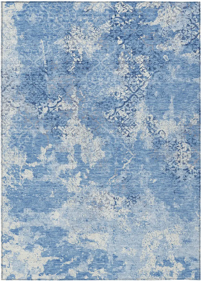 Denim Blue And Sky Blue Floral Washable Indoor Outdoor Area Rug Photo 2