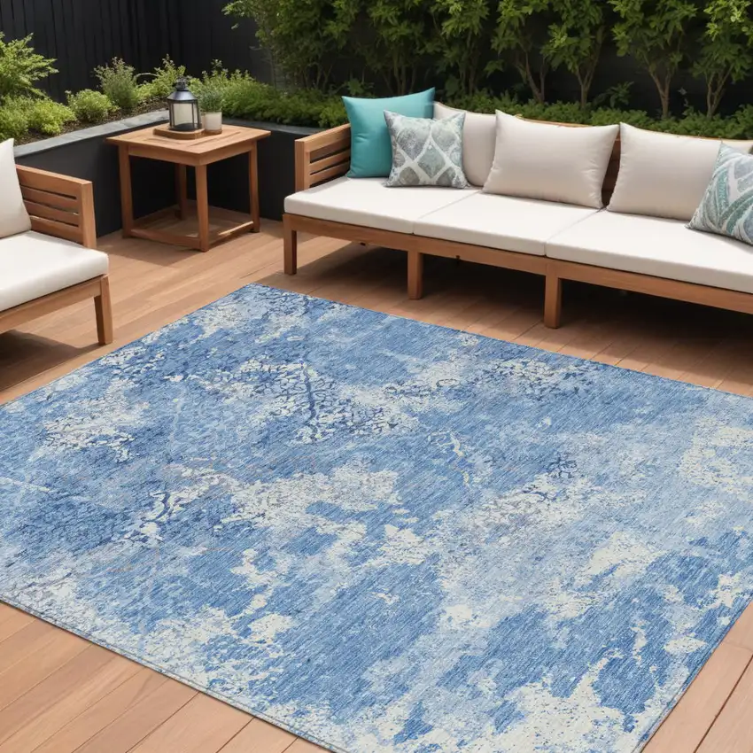 Denim Blue And Sky Blue Floral Washable Indoor Outdoor Area Rug Photo 1