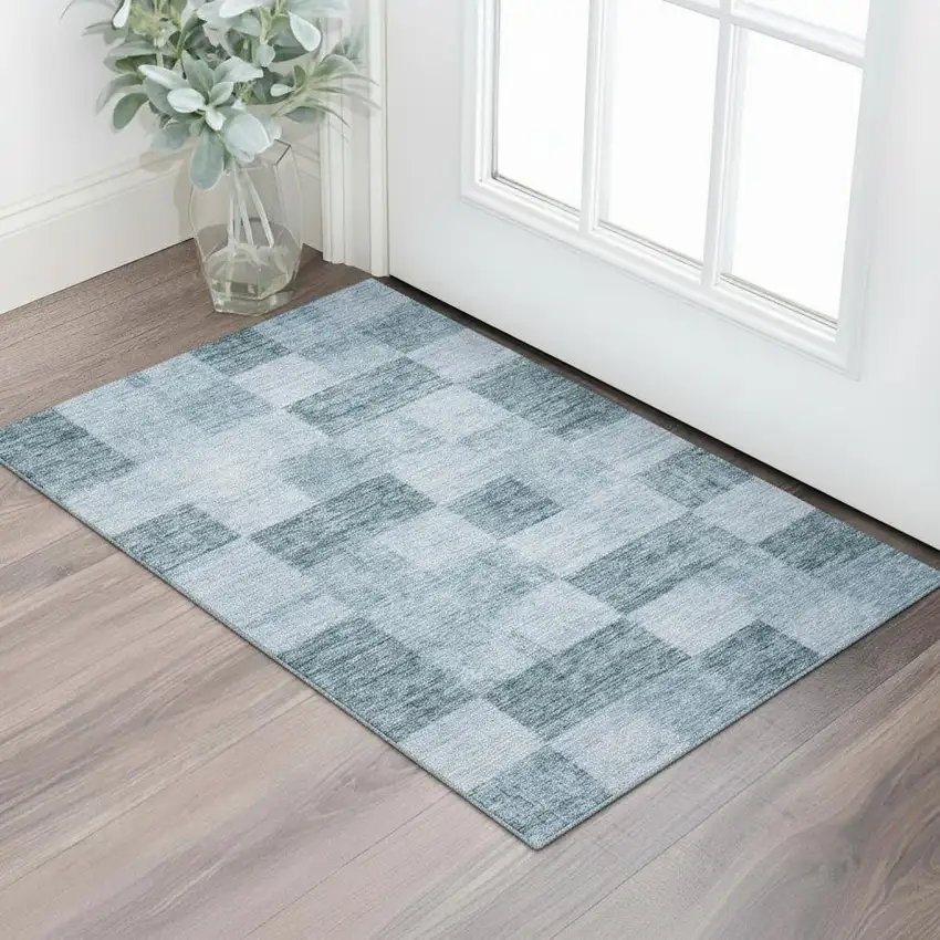 Denim Blue And Sky Blue Geometric Washable Area Rug With UV Protection Photo 2