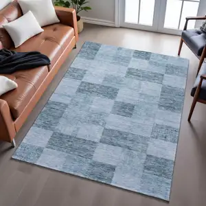 Photo of Denim Blue And Sky Blue Geometric Washable Area Rug With UV Protection