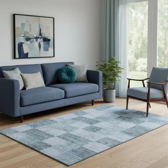 Denim Blue And Sky Blue Geometric Washable Area Rug With UV Protection Photo 1