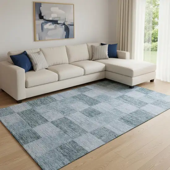 Denim Blue And Sky Blue Geometric Washable Area Rug With UV Protection Photo 2