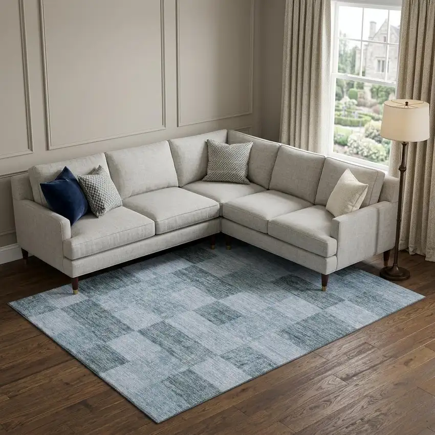Denim Blue And Sky Blue Geometric Washable Area Rug With UV Protection Photo 1