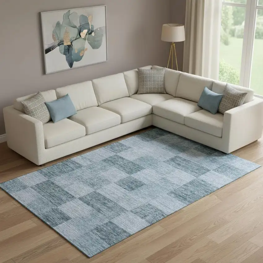 Denim Blue And Sky Blue Geometric Washable Area Rug With UV Protection Photo 2