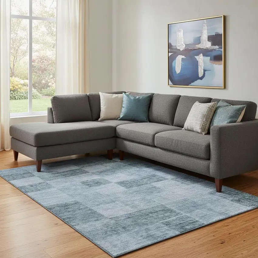 Denim Blue And Sky Blue Geometric Washable Area Rug With UV Protection Photo 2