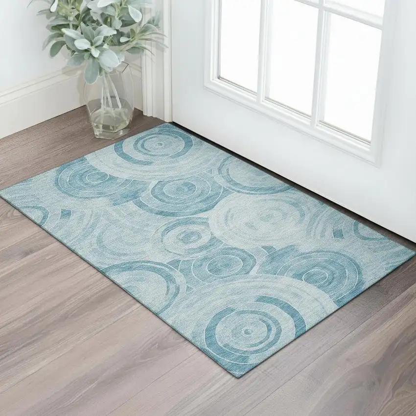 Denim Blue And Sky Blue Geometric Washable Area Rug With UV Protection Photo 2