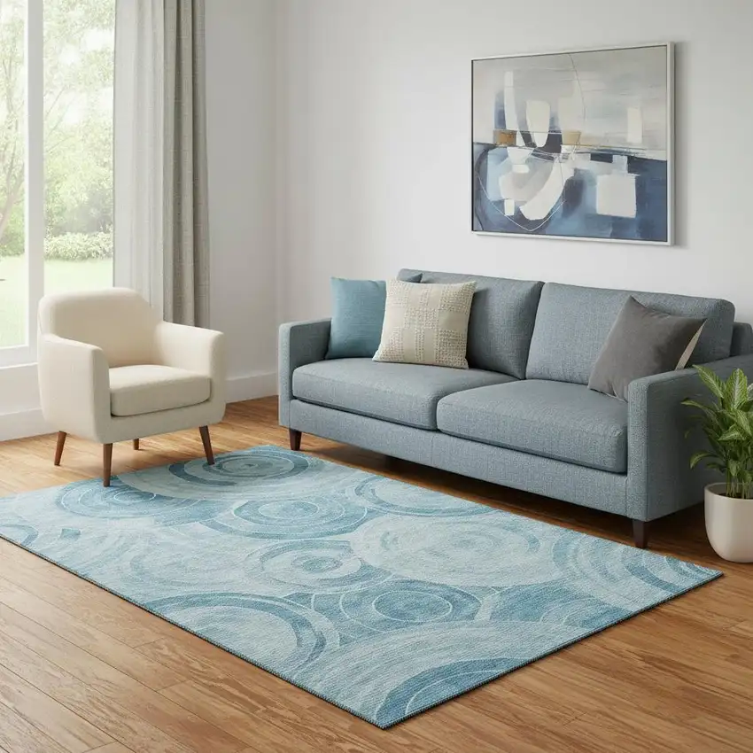 Denim Blue And Sky Blue Geometric Washable Area Rug With UV Protection Photo 2