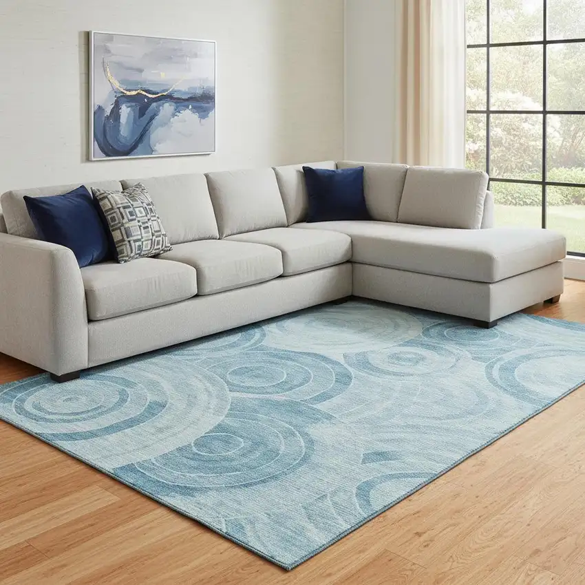 Denim Blue And Sky Blue Geometric Washable Area Rug With UV Protection Photo 2