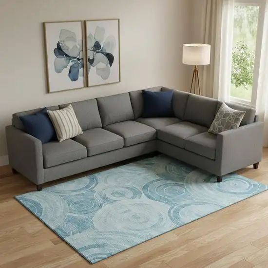 Denim Blue And Sky Blue Geometric Washable Area Rug With UV Protection Photo 2