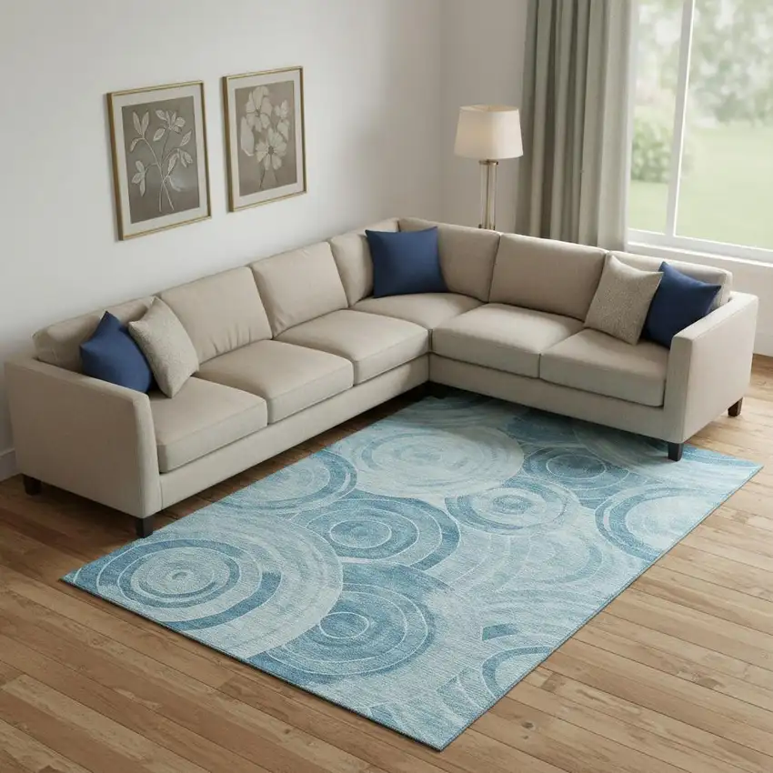 Denim Blue And Sky Blue Geometric Washable Area Rug With UV Protection Photo 2